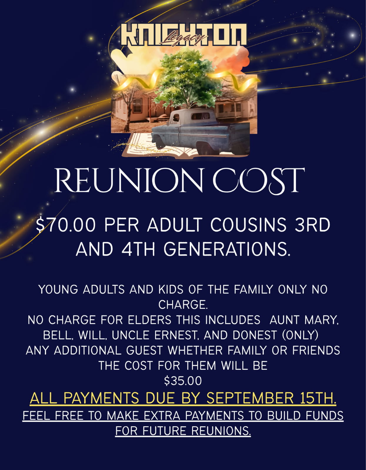 Reunion cost flyer detailing fees per adult, free for kids and elders, additional guest pricing